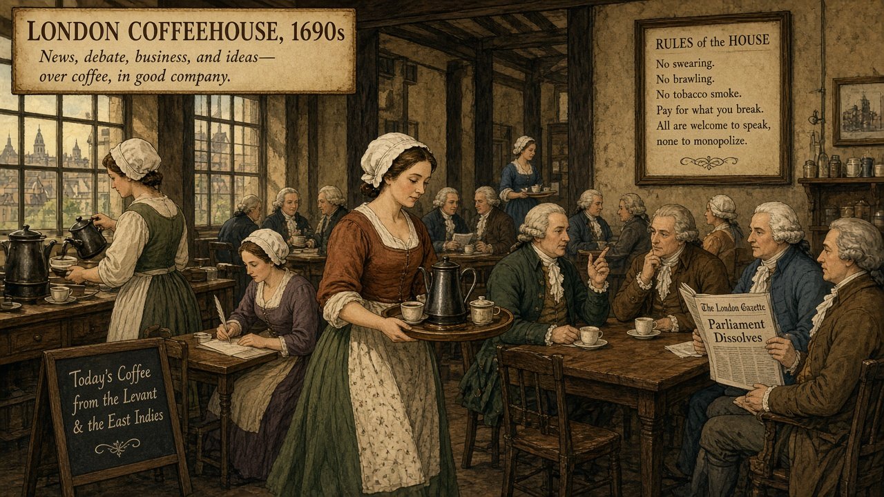 Women working in a European coffeehouse while men dominate the debate table