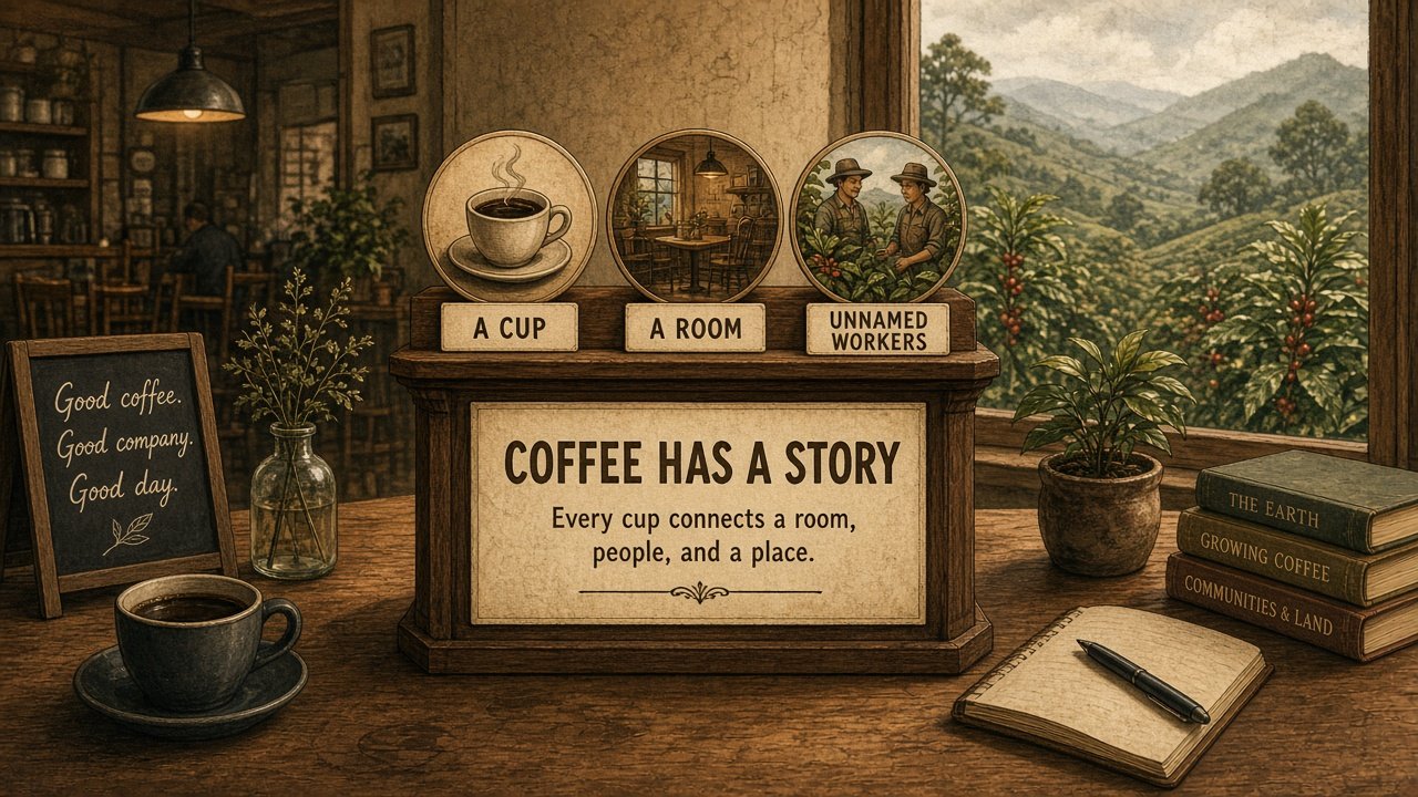 A coffeehouse table with three tokens for the cup, the room, and the unnamed plantation workers