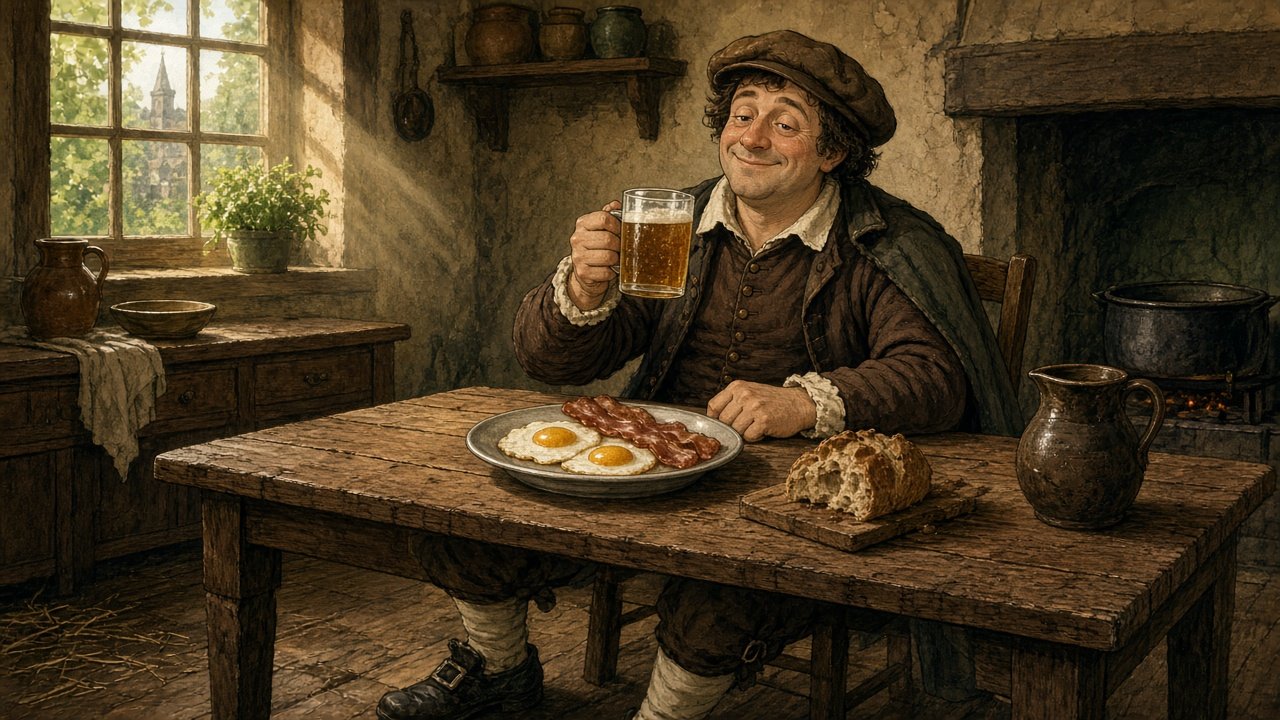 A 1650s breakfast table with a beer mug sitting in the coffee-cup spot under morning light