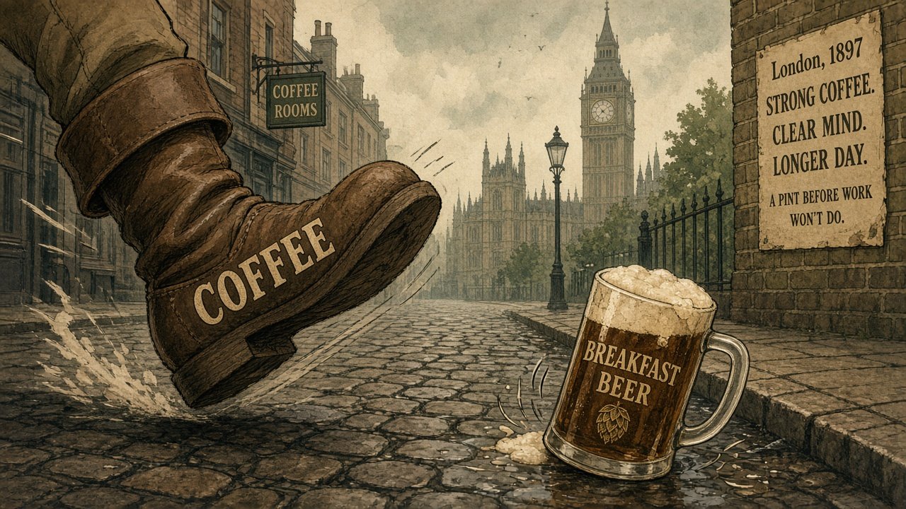 A boot labeled COFFEE kicking a breakfast beer mug to the curb of a cobbled London street