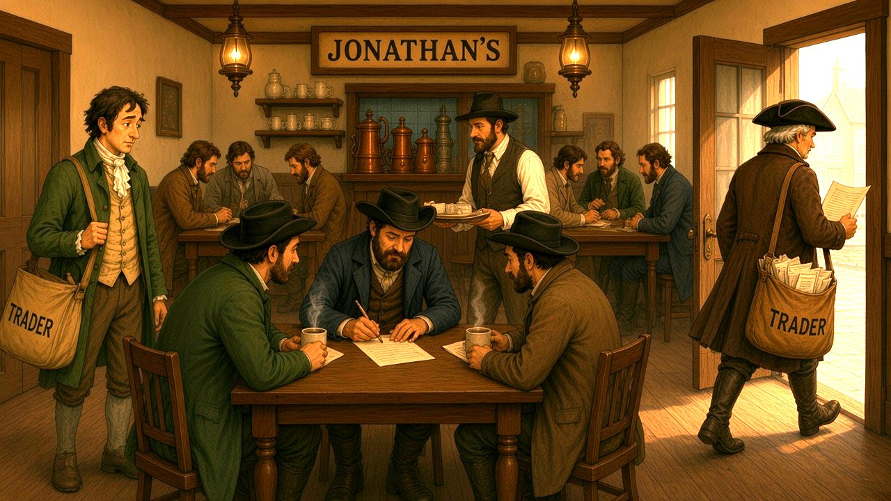 A packed 1690s coffeehouse drawn as a human-powered information machine turning news into price sheets