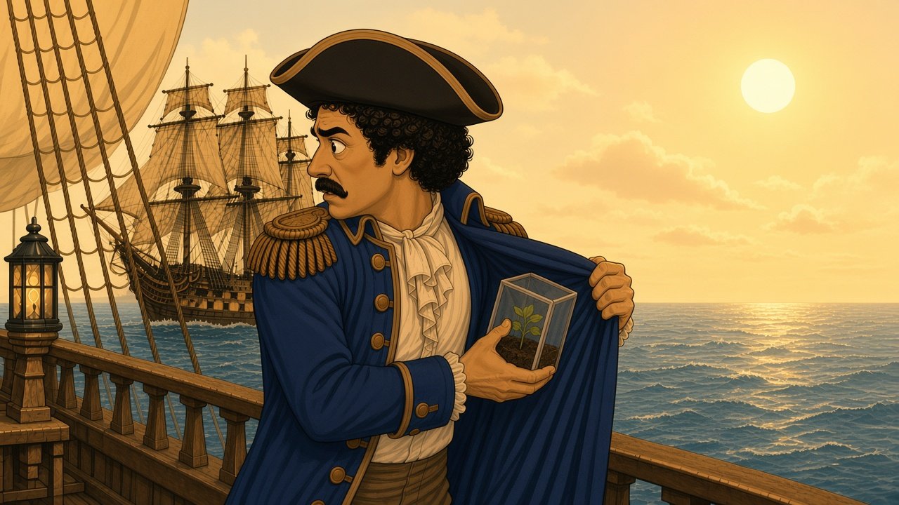 Gabriel de Clieu clutching a tiny coffee seedling in a glass box like stolen treasure aboard a ship